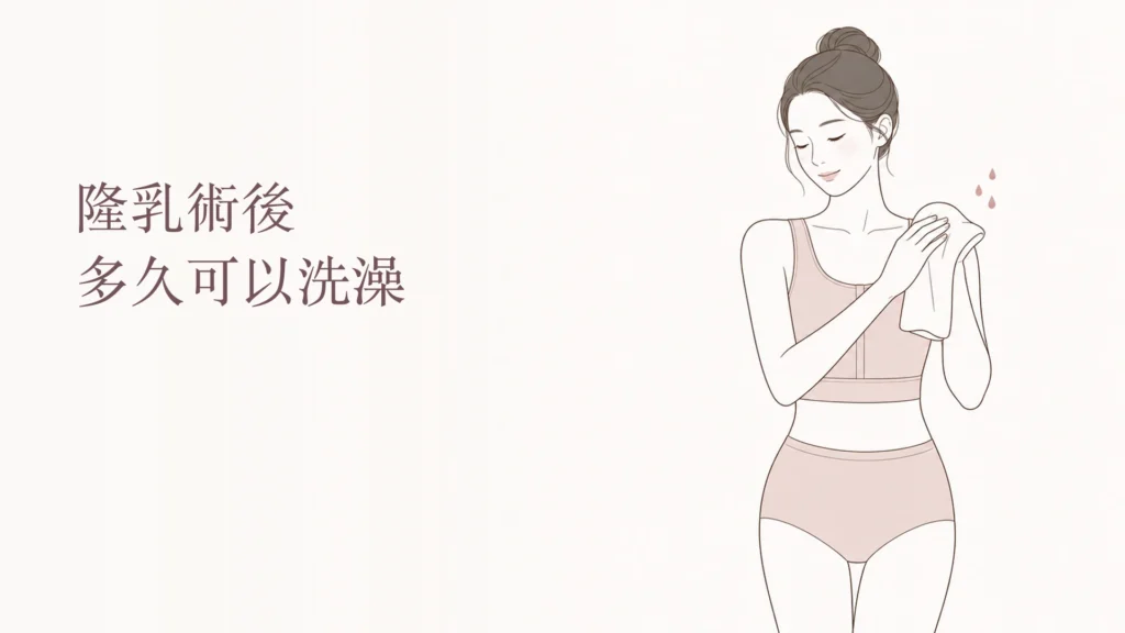 韓系線條插畫呈現隆乳術後以乾淨毛巾輕拍乾燥
