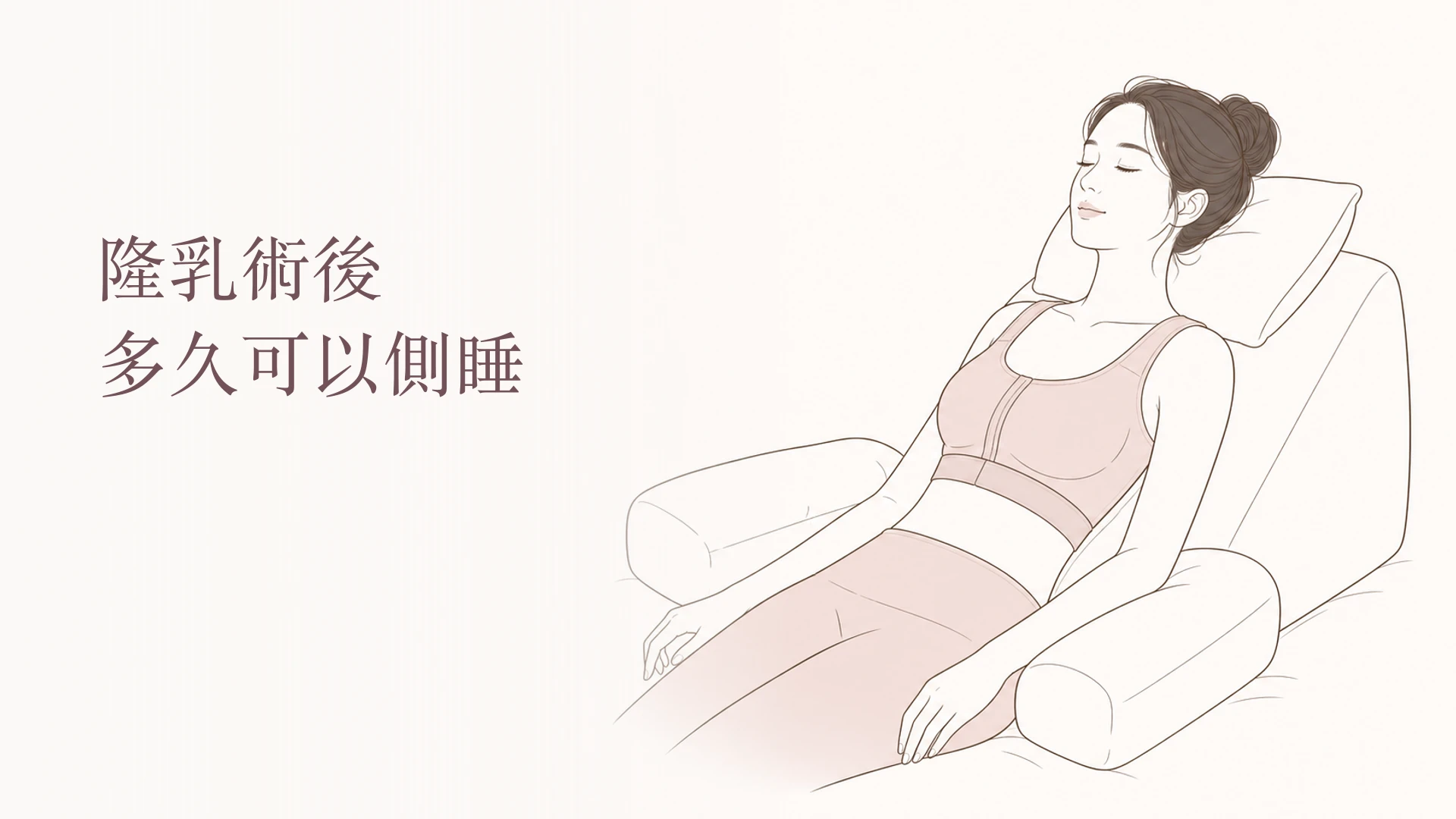 韓系線條插畫呈現隆乳術後仰睡與枕頭支撐方式