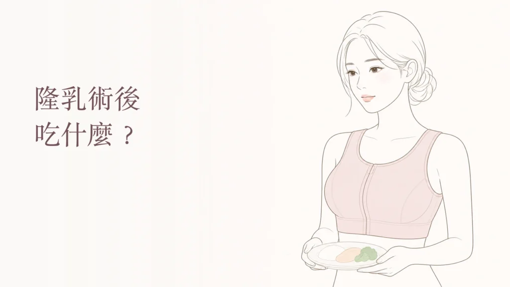 隆乳術後吃什麼，女性手持均衡餐盤的韓系線稿封面