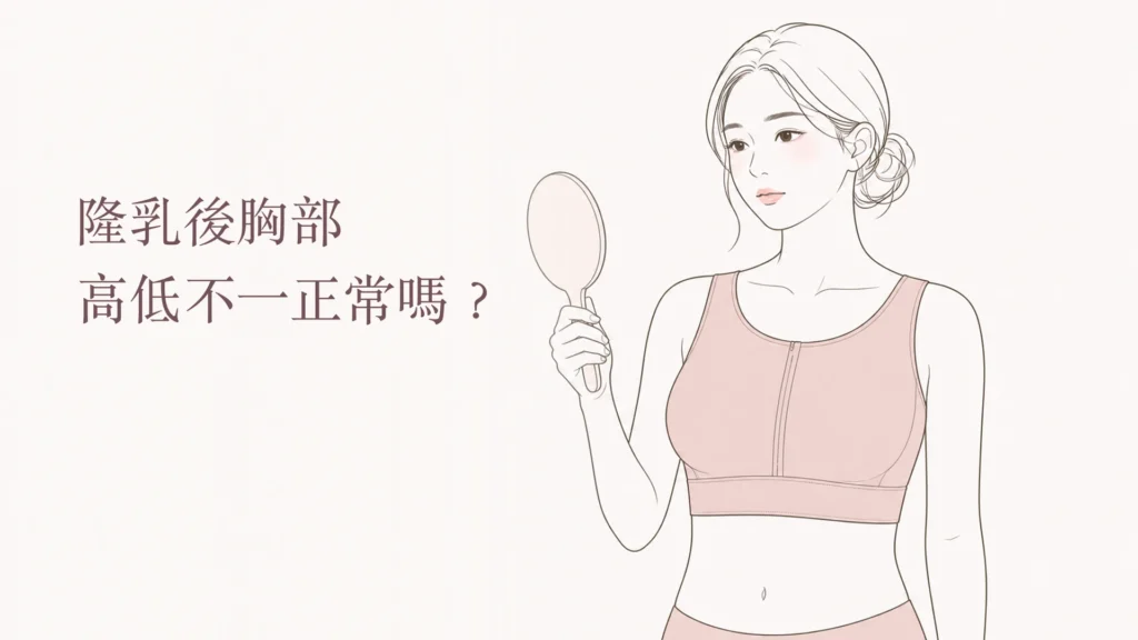隆乳後胸部高低不一與假體位置觀察示意圖